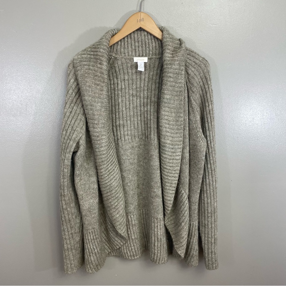 Chico's Size 2 Lg Medium Tan Mohair Wool Long Sleeve open Front Cardigan Sweater